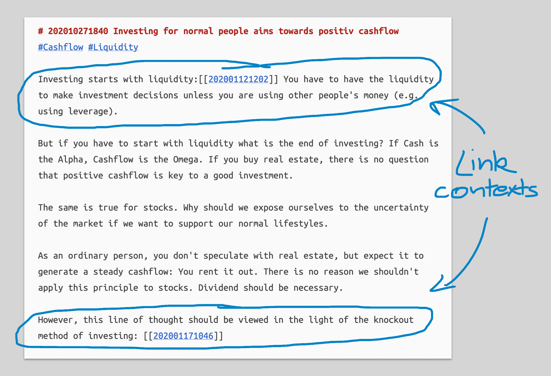 Investing for normal people aims towards positiv chashflow #Cashflow #Liquidity Investing starts with liquidity:[[202001121202]] You have to have the liquidity to make investment decisions unless you are using other people's money (e.g. using leverage). But if you have to start with liquidity what is the end of investing? If Cash is the Alpha, Cashflow is the Omega. If you buy real estate, there is no question that positive cashflow is key to a good investment. The same is true for stocks. Why should we expose ourselves to the uncertainty of the market if we want to support our normal lifestyles.As an ordinary person, you don't speculate with real estate, but expect it to generate a steady cashflow: You rent it out. There is no reason we shouldn't apply this principle to stocks. Dividend should be necessary. However, this line of thought should be viewed in the light of the knockout method of investing: [[202001171046]]